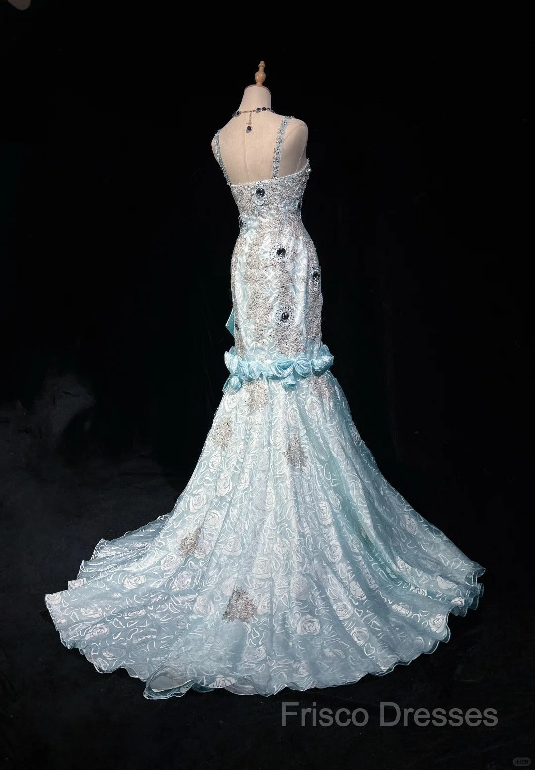 Sky Blue Mermaid Spaghetti Straps Organza Diamond Long Formal Prom Dress Lace Floral Formal Gown