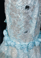 Sky Blue Mermaid Spaghetti Straps Organza Diamond Long Formal Prom Dress Lace Floral Formal Gown