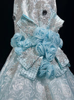 Sky Blue Mermaid Spaghetti Straps Organza Diamond Long Formal Prom Dress Lace Floral Formal Gown