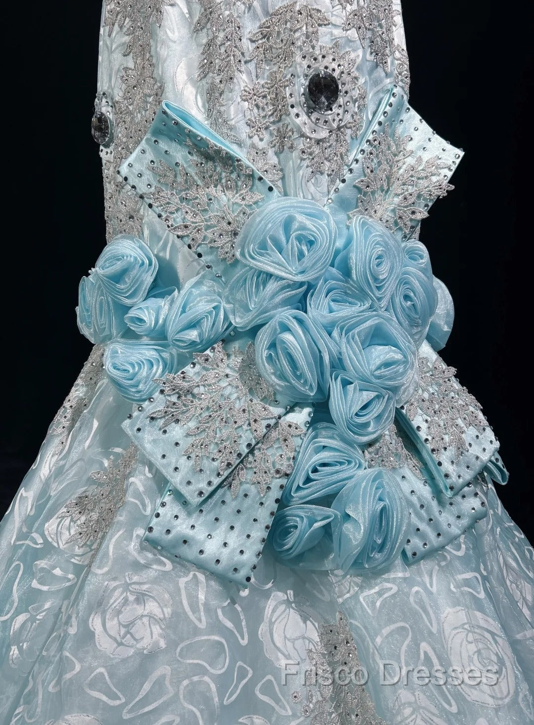 Sky Blue Mermaid Spaghetti Straps Organza Diamond Long Formal Prom Dress Lace Floral Formal Gown