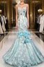 Sky Blue Mermaid Spaghetti Straps Organza Diamond Long Formal Prom Dress Lace Floral Formal Gown