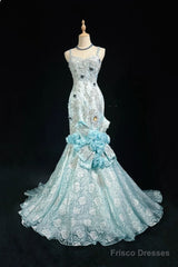 Sky Blue Mermaid Spaghetti Straps Organza Diamond Long Prom Dress Lace Floral Evening Gown