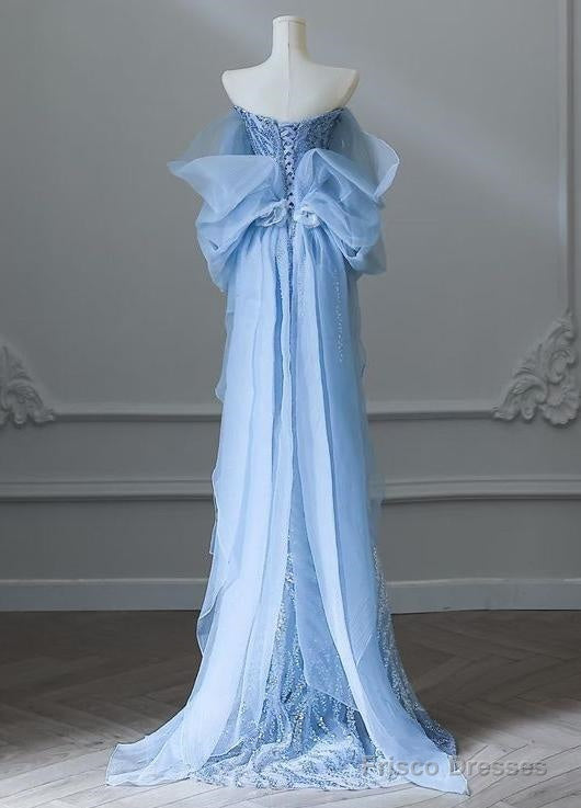 Sky Blue Mermaid Strapless Tulle Beaded Long Prom Dress Elegant Wedding Dress
