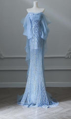 Sky Blue Mermaid Strapless Tulle Beaded Long Prom Dress Elegant Wedding Dress