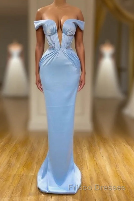 Sky Blue Mermaid V-Neck Off-The-Shoulder Formal Prom Dresses