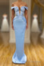 Sky Blue Mermaid V-Neck Off-The-Shoulder Formal Prom Dresses