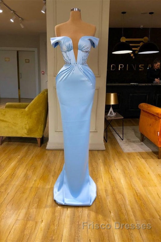 Sky Blue Mermaid V-Neck Off-The-Shoulder Formal Prom Dresses Secondary image