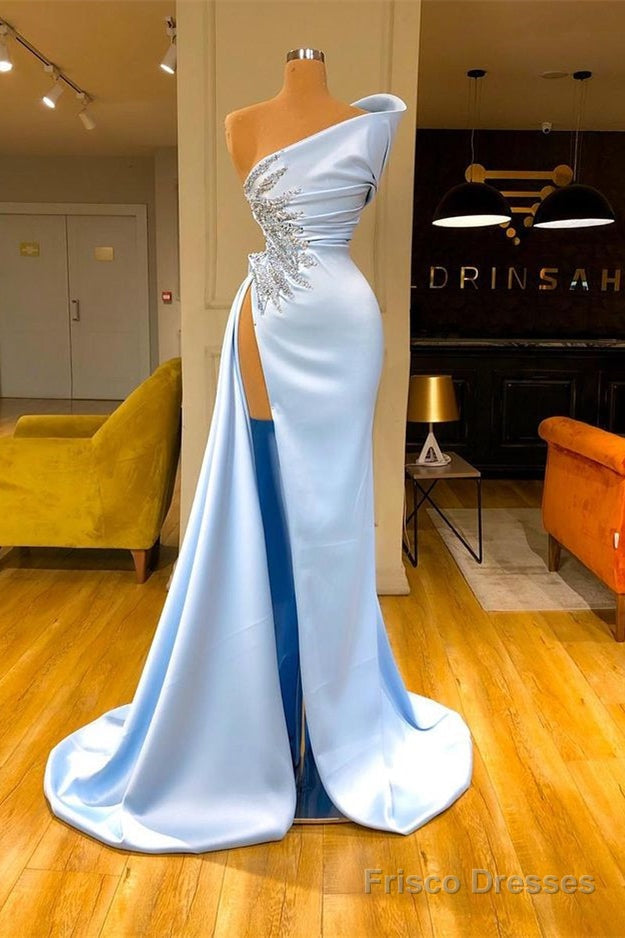 Sky Blue One shoulder High split Beaded Long Mermaid Prom Dress Main image