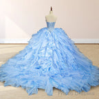 Sky Blue Quinceanera Dress with Pleats and Flowers