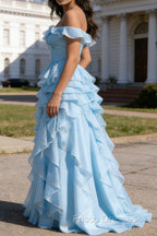 Sky Blue Ruffled A-Line Square Neck Long Prom Dress