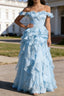 Sky Blue Ruffled A-Line Square Neck Long Prom Dress