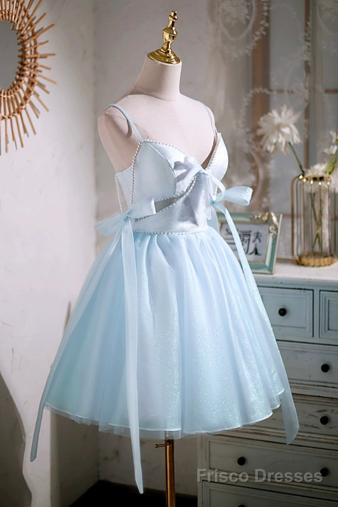Sky Blue Spaghetti Straps Party Dress, Cute A-Line Tulle Homecoming Dress Main image