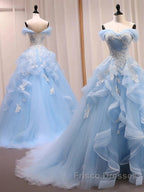 Sky Blue Tulle Ruffles Appliques A Line Formal Prom Dress