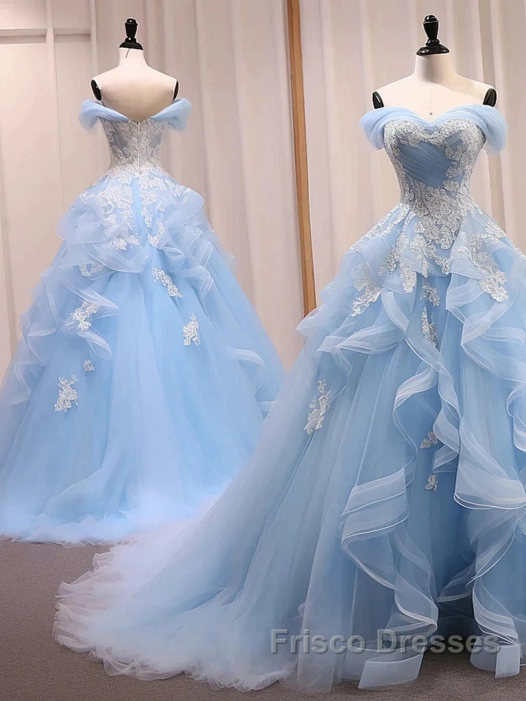 Sky Blue Tulle Ruffles Appliques A Line Formal Prom Dress