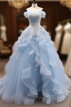 Sky Blue Tulle Ruffles Appliques A Line Formal Prom Dress