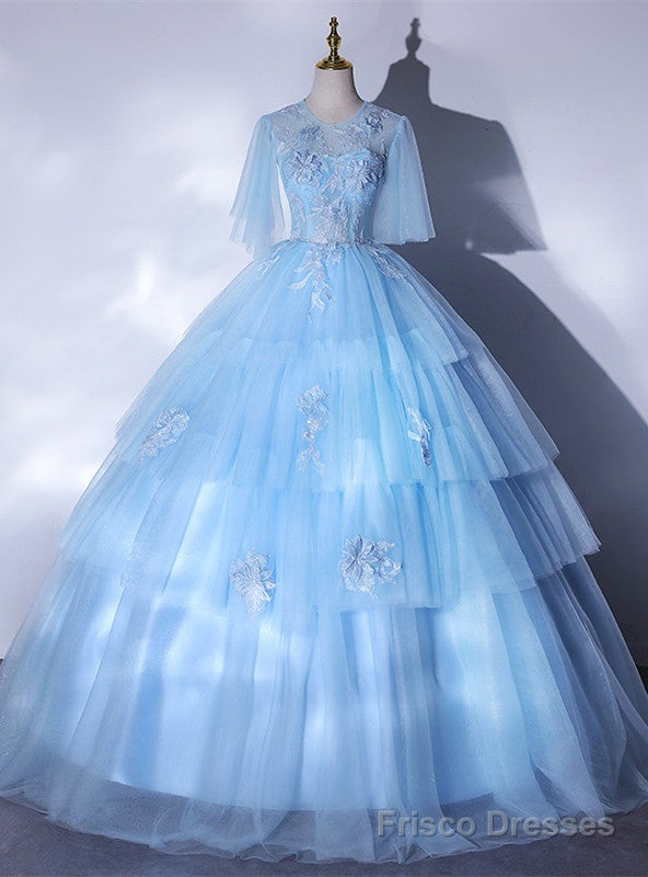 Sky Blue Tulle Short Sleeve Appliques Backless Quinceanera Dress Main image