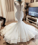 Sleeveless Beads Appliques Mermaid Wedding Dress Sheer Tulle V neck Tulle Bridal Gowns