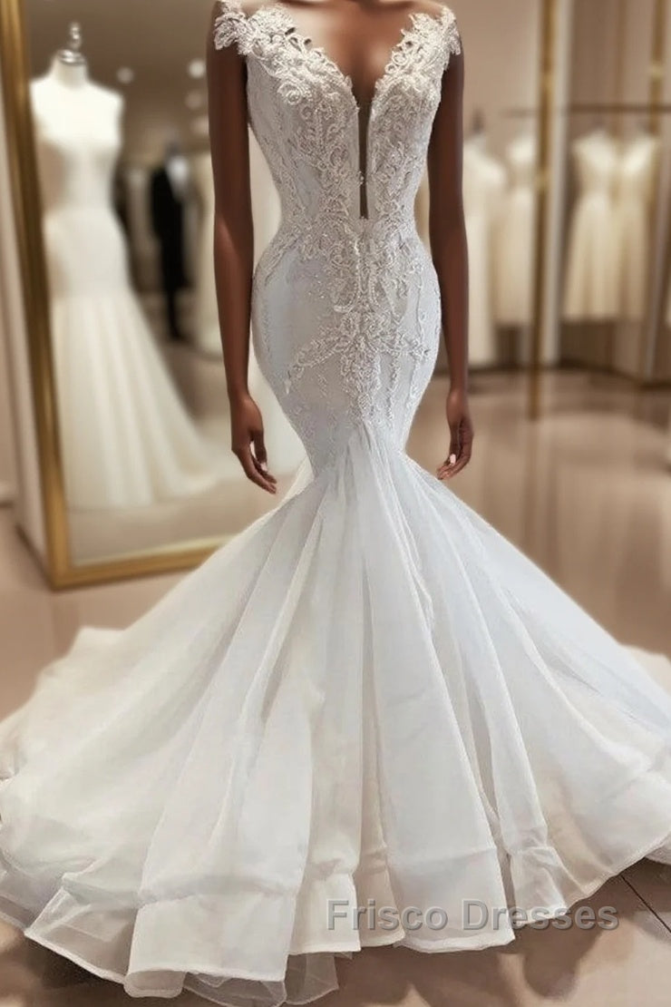 Sleeveless Beads Appliques Mermaid Wedding Dress Sheer Tulle V neck Tulle Bridal Gowns Main image