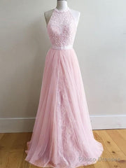Sleeveless Halter Tulle A-Line With Lace Sweep/Brush Train Dresses