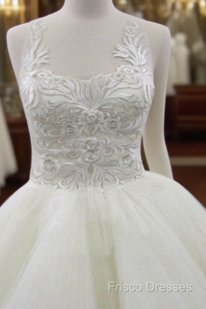 Sleeveless Scoop Yarn Neck Lace Ivory Tulle Asymmetrical Ball Gown Cathedral Train Wedding Dress, Main image