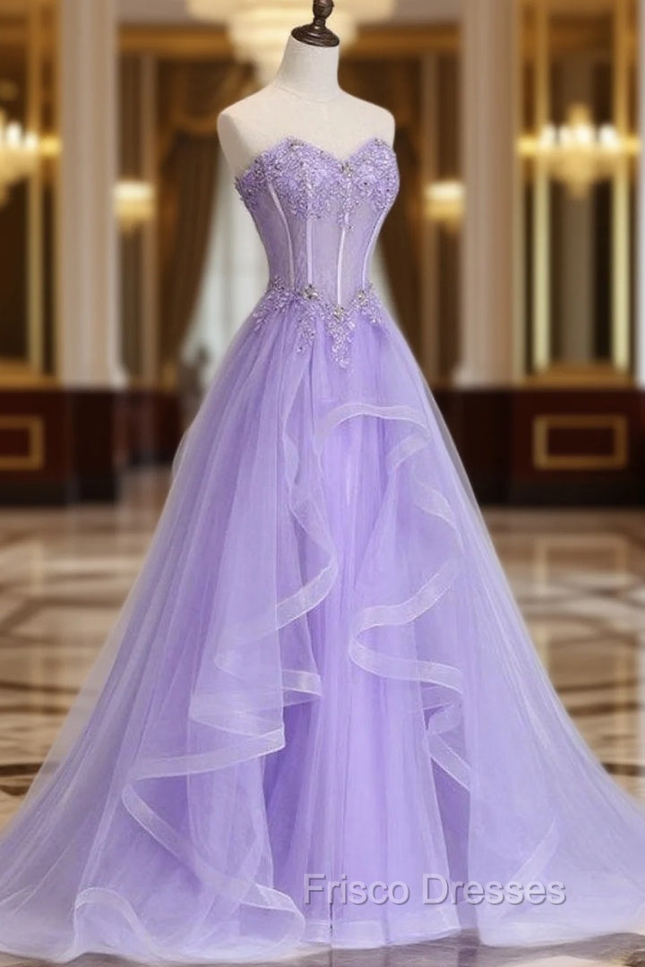 Sleeveless Sweetheart Sweep Train A-line/Princess Tulle Formal Prom Dress With Beading Appliqued