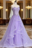 Sleeveless Sweetheart Sweep Train A-line/Princess Tulle Formal Prom Dress With Beading Appliqued