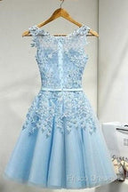 Sleeveless Tulle Homecoming Dress Short Formal Prom Dress With Lace Appliques