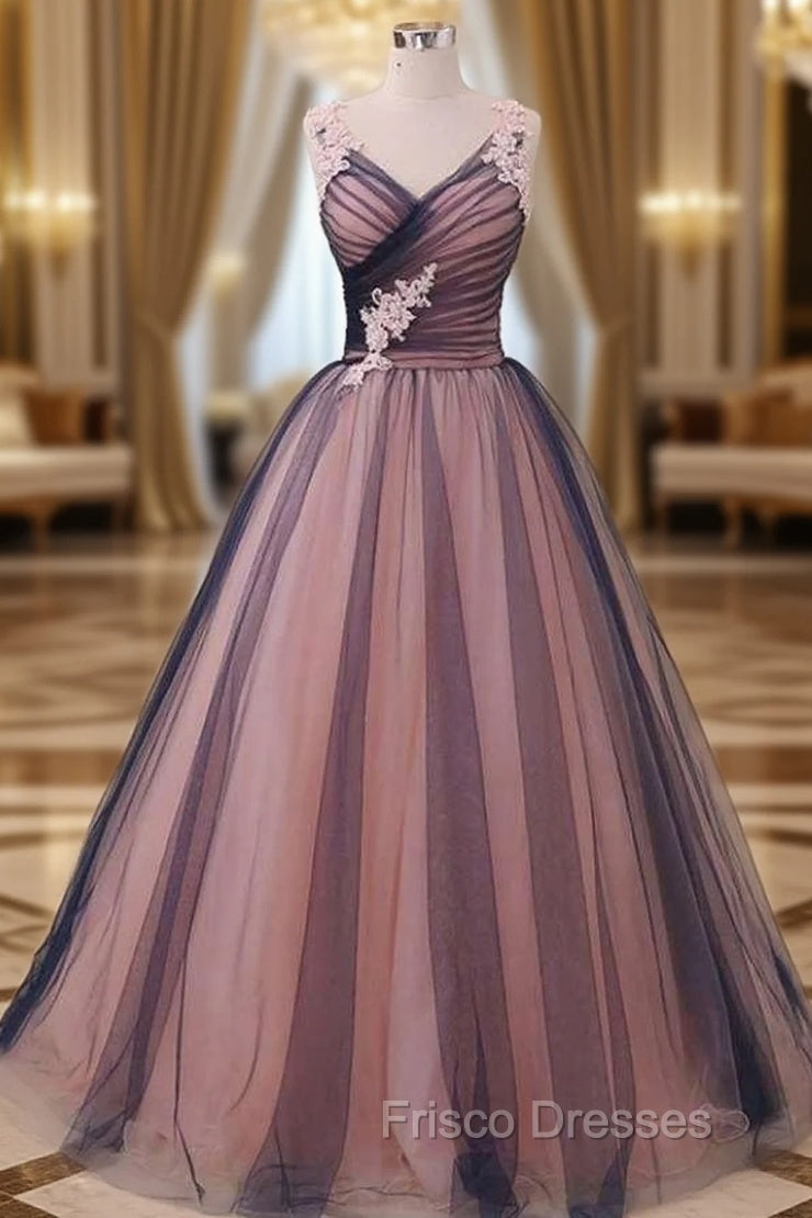 Sleeveless V Neck Long/Floor-Length Ball Gown Tulle Formal Prom Dress With Appliqued Main image