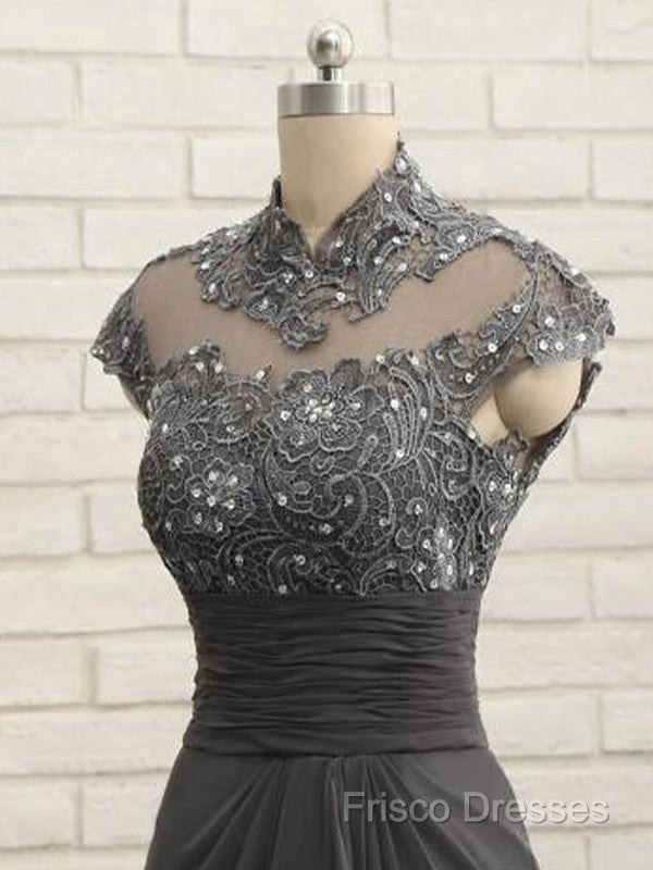 Slim Fit Column Chiffon Lace High Neck Short Sleeved And Floor Length Style Mother Of The Bride Dress