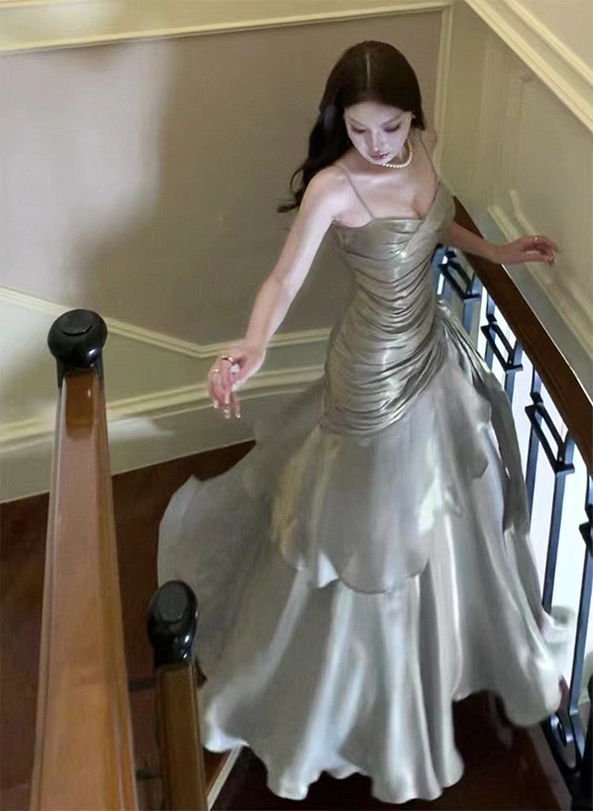 Sliver Grey Satin Straps Long Formal Gown, Cute Long Prom Dress Main image