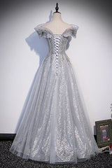 Sliver-Grey Shiny Tulle Off Shoulder  Prom Dress, Sliver Long Party Dresses