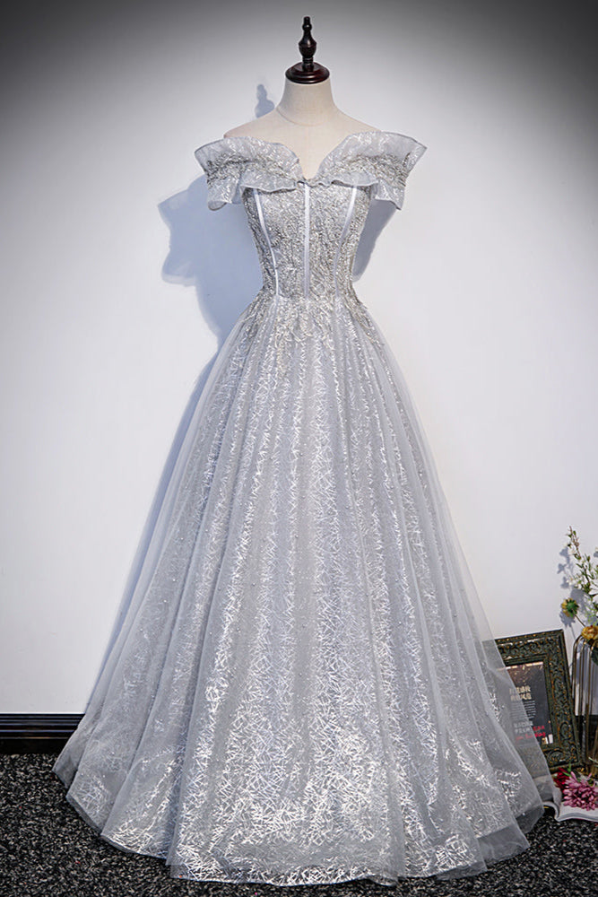 Sliver-Grey Shiny Tulle Off Shoulder  Prom Dress, Sliver Long Party Dresses Main image