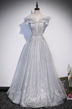Sliver-Grey Shiny Tulle Off Shoulder  Prom Dress, Sliver Long Party Dresses