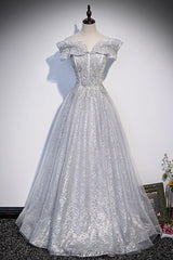 Sliver-Grey Shiny Tulle Off Shoulder  Prom Dress, Sliver Long Party Dresses
