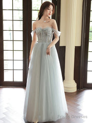 Sliver Grey Tulle Beaded Straps Long Party Dress, Grey Tulle Formal Dress
