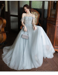 Sliver Grey Tulle Beaded Straps Long Party Dress, Grey Tulle Formal Dress