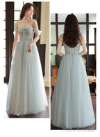 Sliver Grey Tulle Beaded Straps Long Party Dress, Grey Tulle Formal Dress