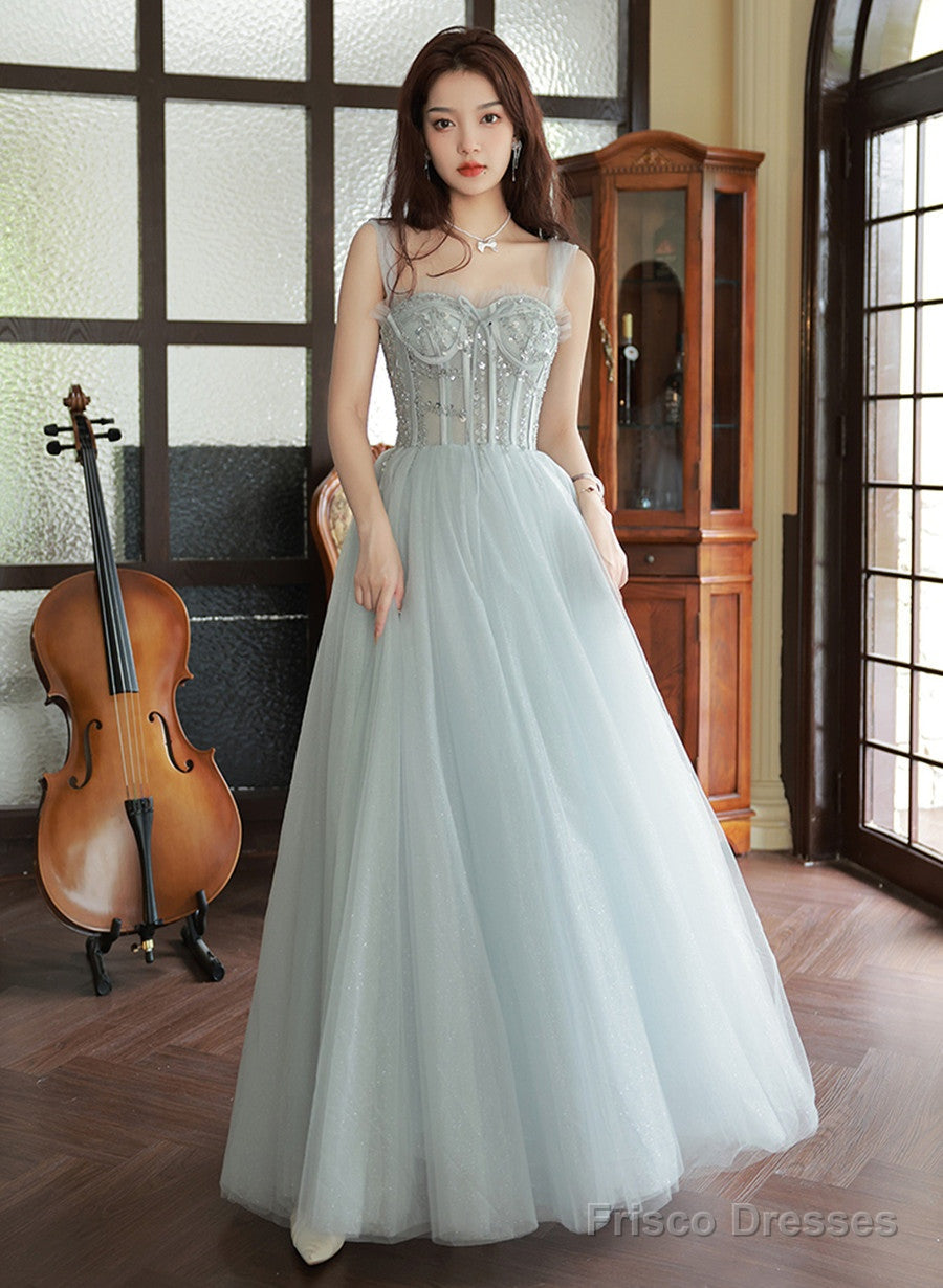 Sliver Grey Tulle Beaded Straps Long Party Dress, Grey Tulle Formal Dress Main image