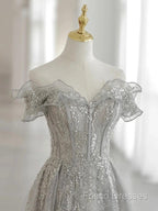 Sliver-Grey Tulle With Sequins Long Party Dress,A-Line Floor Length Formal Prom Dress
