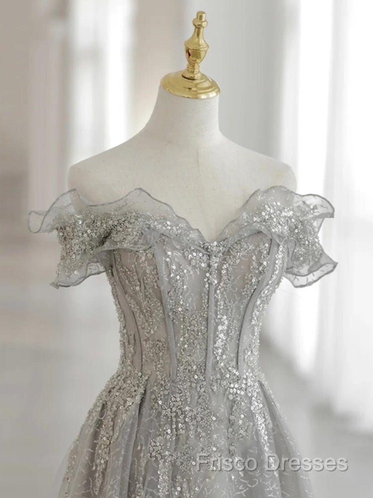 Sliver-Grey Tulle With Sequins Long Party Dress,A-Line Floor Length Formal Prom Dress