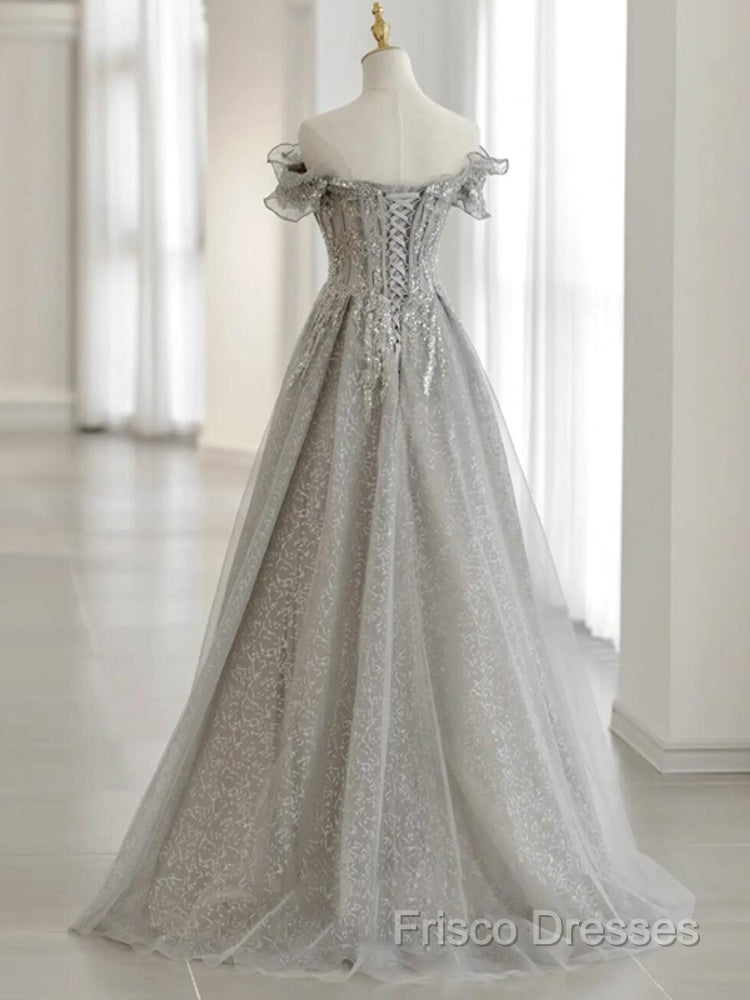Sliver-Grey Tulle With Sequins Long Party Dress,A-Line Floor Length Formal Prom Dress