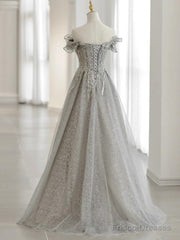Sliver-Grey Tulle With Sequins Long Party Dress,A-Line Floor Length Prom Dresses