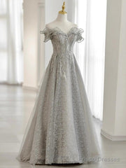Sliver-Grey Tulle With Sequins Long Party Dress,A-Line Floor Length Prom Dresses