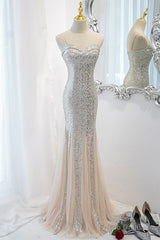 Sliver Sequins Mermaid Straps Long Evening Gown Prom Dress, Long Party Dress Formal Dresses