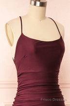 Burgundy Prom Dresses, Sheath/Column Scoop Neck Silk-like Satin Floor-length Ruffles Bridesmaid Dresses