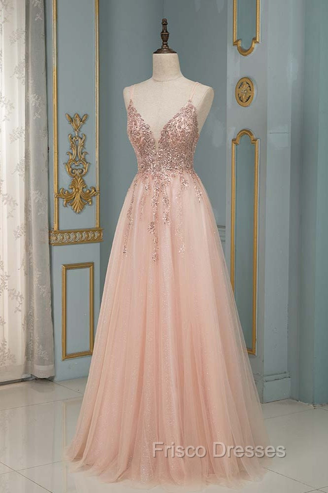 Spagehetti-Strap V-Neck Sleeveless Formal Prom Dress with Beading