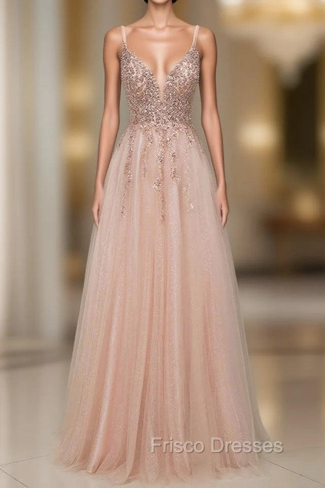 Spagehetti-Strap V-Neck Sleeveless Formal Prom Dress with Beading