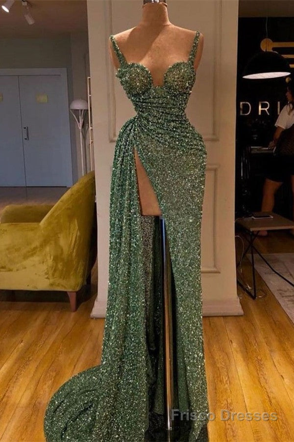 Spaghetti-Starps Shinning Sequins Mermaid Prom Dress With Split Main image