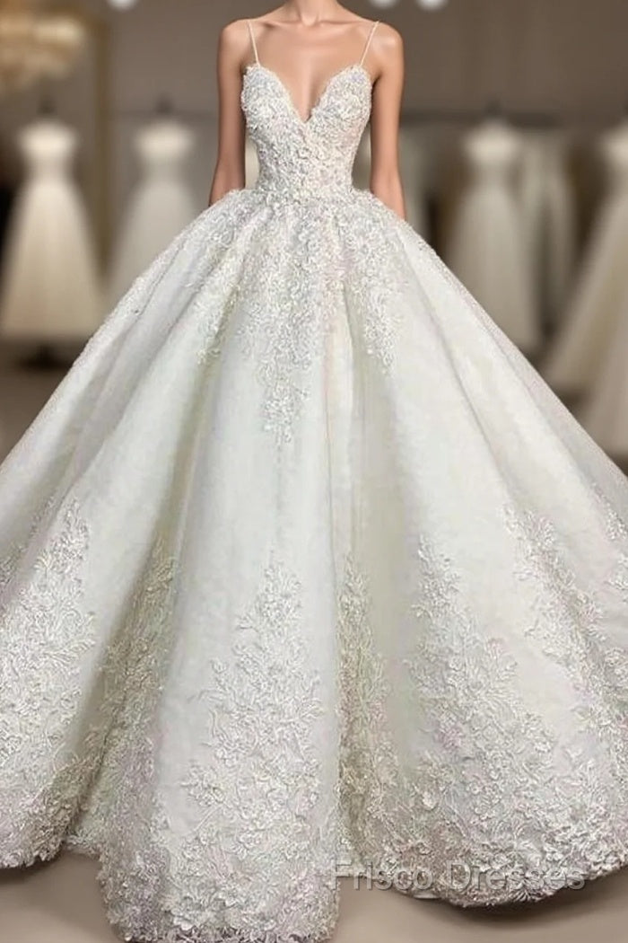 Spaghetti Strap Appliques Satin Wedding Dress Formal Prom Dress