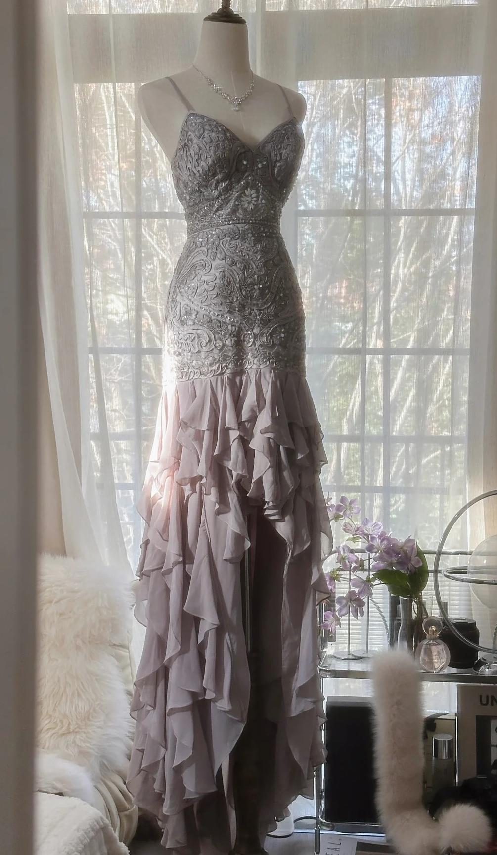 Elegant Purple Spaghetti Strap Appliques Bodycon Open Back Evening Dresses Chiffon Sequin Long Prom Dresses Secondary image